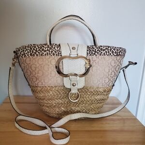 Guess Straw tote bag w/ G Canvas cheetah print Cross Body Purse FLAWED boho